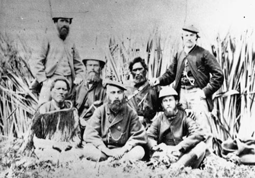 Land negotiators on the banks of the Waihou River, Waikato, 1865 or 1866
