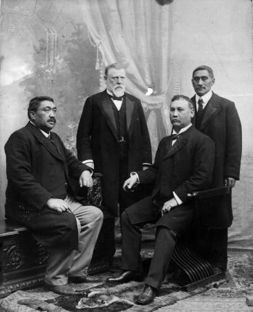 Political opponents: from left, Hēnare Kaihau, Richard Seddon, James Carroll, King Mahuta.