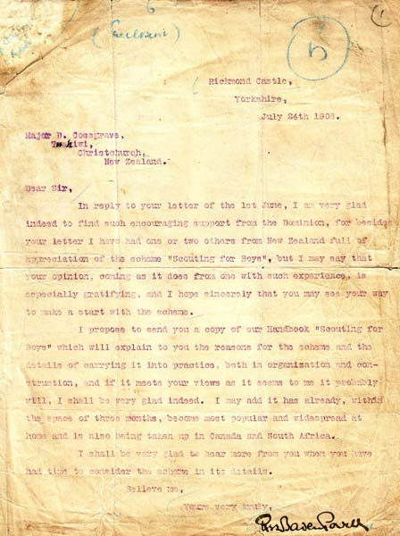 Baden-Powell writes to Cossgrove, July 1908