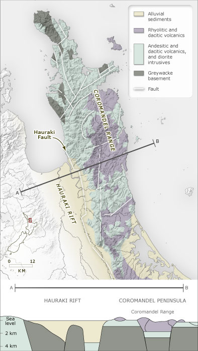 Cross-section of the Coromandel Peninsula and Hauraki Plains