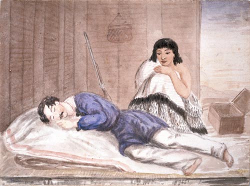 Sleeping soldier watched over by a Māori woman