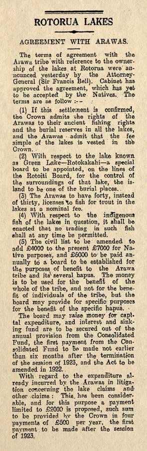 Rotorua lakes agreements, 1922