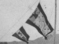 Flags flying at Maunga Moria church, around 1900