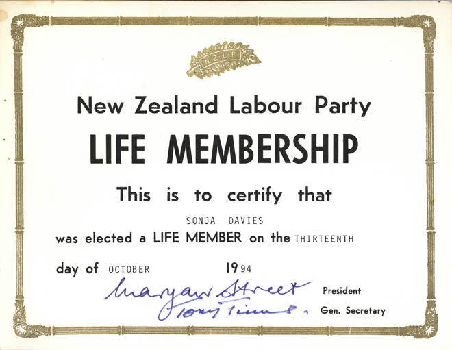 Sonja Davies's Labour Party life membership card