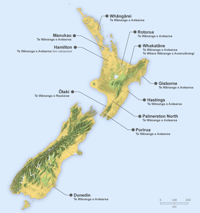 Location of wānanga campuses in New Zealand, 2012