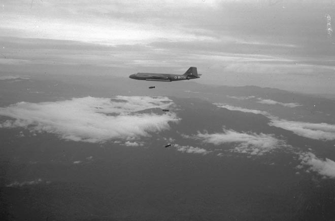 Canberra bomber in action, Malaya, 1958