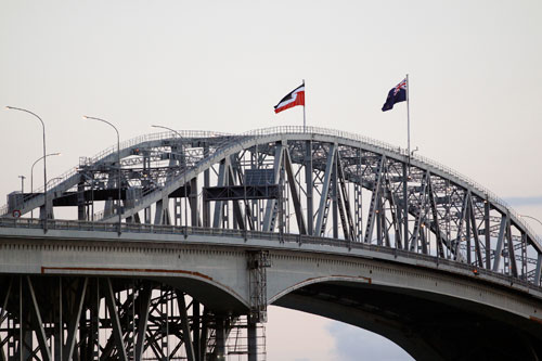 Rangatiratanga flag flying on harbour bridge