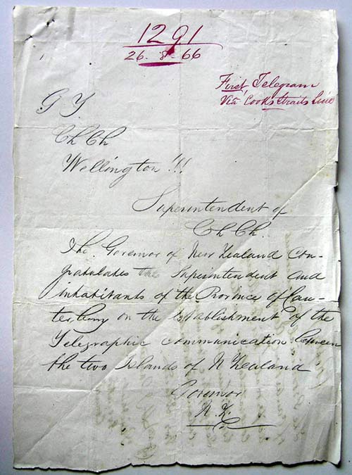 First telegram sent on the Cook Strait cable