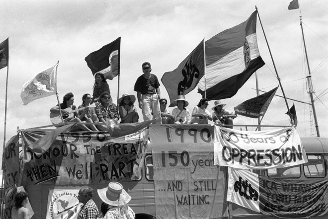 Protesting the 150th anniversary of the Treaty of Waitangi