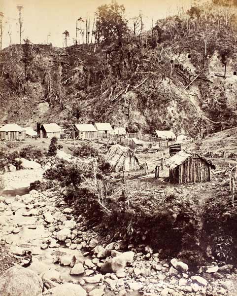 Miners' huts, Thames, late 1860s