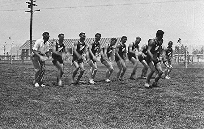 New Zealand athletes performing a haka, Los Angeles, 1932