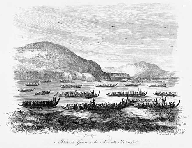 Waka flotilla on war expedition