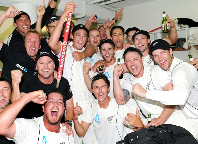 Black Caps celebrate test win, December 2011