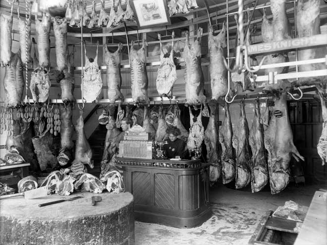 Interior of a butcher's shop, 1910
