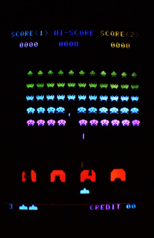 A screenshot of the original arcade version of Space Invaders, with the screen full of aliens
