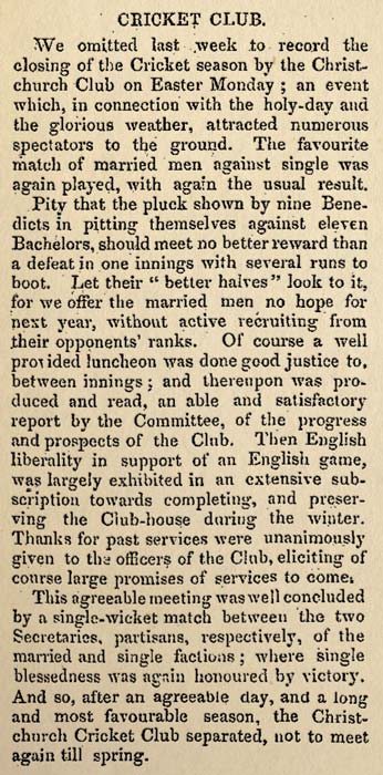 'Bachelors vs benedicts' cricket game, 1854