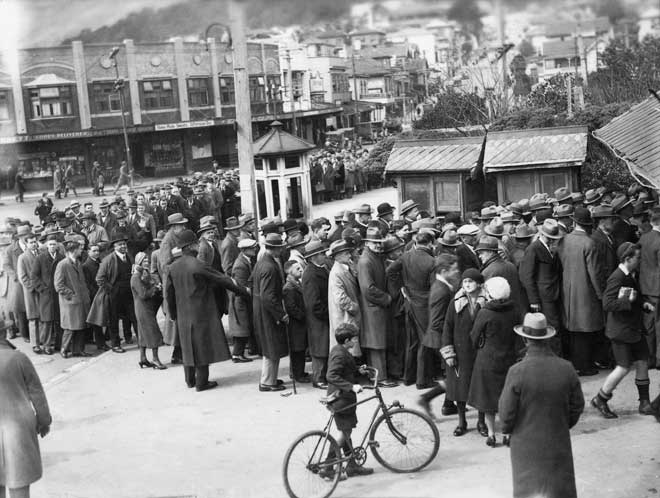 Queuing for a cricket match, late 1920s