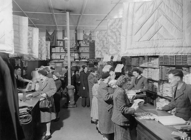 Drapery at the co-operative store, Rūnanga, 1940s