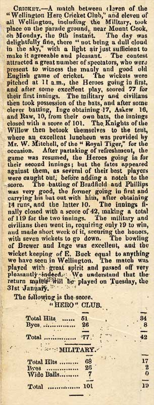 Report of Wellington cricket match, 1860