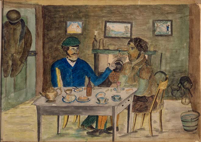Men drinking tea, mid-19th century