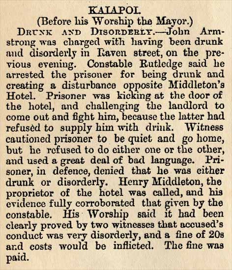 Drunk and disorderly in Kaiapoi, 1872