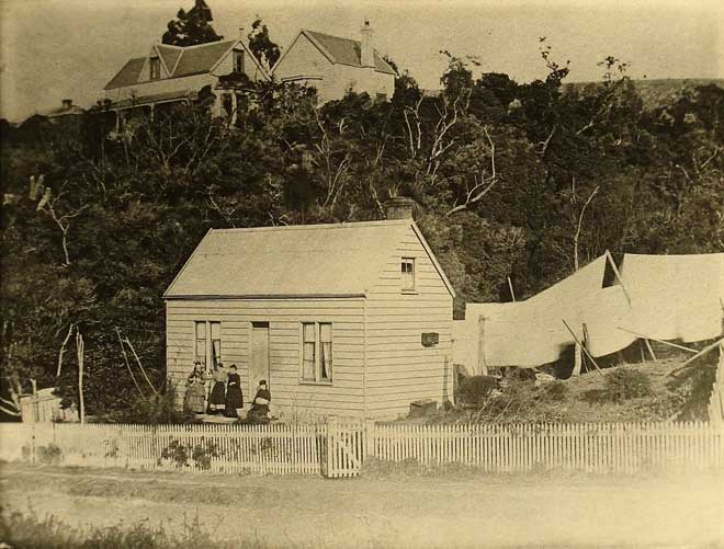 Washing drying on the line, Dunedin, 1876