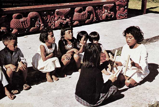 A stick game in progress, Rotorua, 1960s