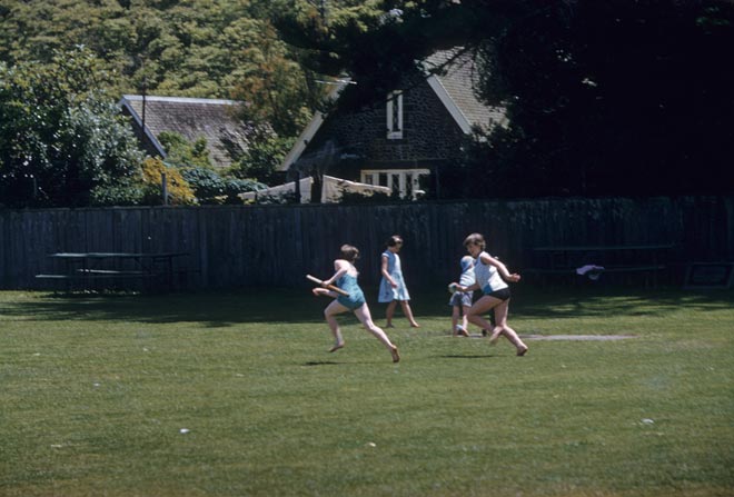 Children playing rounders, Mission Bay, 1970s
