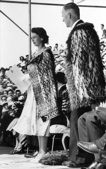 Queen Elizabeth II wearing a korowai, 1954