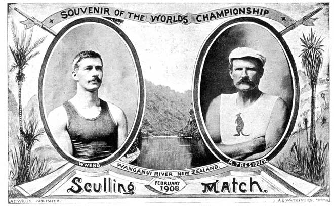 Postcard of Webb versus Tresidder sculling race