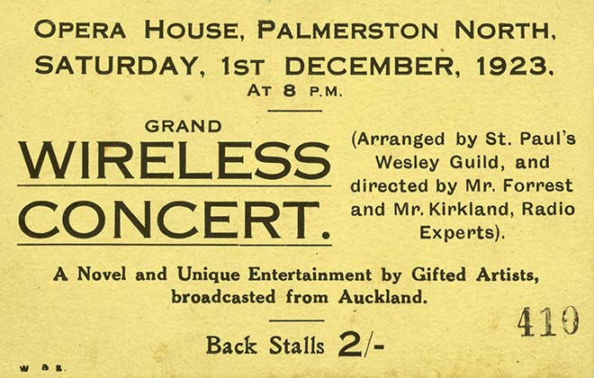  Grand Wireless Concert ticket, Palmerston North, 1923