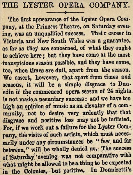 The Lyster Opera Company in Dunedin, August 1864