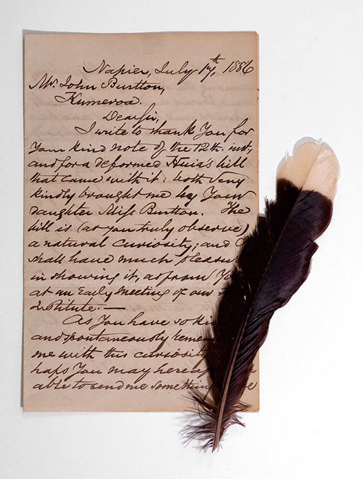 Letter and huia feather from William Colenso