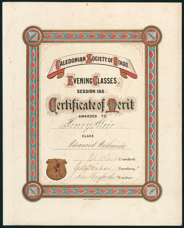 Caledonian Society of Otago evening class certificate, 1882