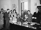 Wellington mayor William Appleton (right) welcomes touring actors from Canterbury University College, 29 January 1945