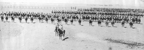 The Fourth New Zealand Regiment parades under the command of Richard Hutton Davies at Klerksdorp, Transvaal, in 1900