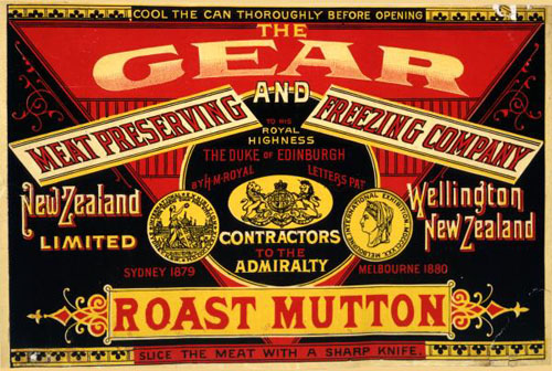 Label for Gear Meat Preserving and Freezing Company's tinned roast mutton