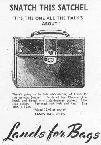 An advertisement capitalises on the satchel-snatching incident involving Cecil William Holmes
