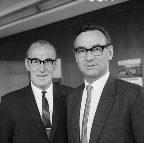 Henry Lang (right) with retiring secretary to the Treasury, Noel Davis, 18 December 1968