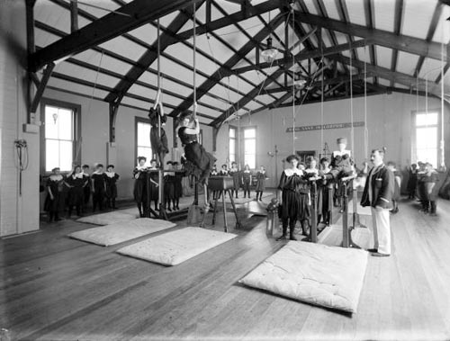 A gymnastics class for young women at the Leys Institute, Auckland, 1906
