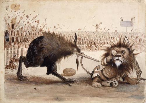 Cartoon by Trevor Lloyd depicting the defeat of British rugby by the All Blacks in 1905