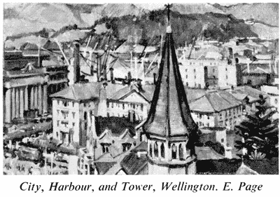 'City, Harbour, and Tower, Wellington', E. Page
