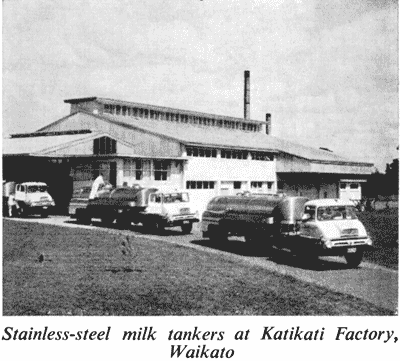 Stainless-steel milk tankers at Katikati Factory, Waikato