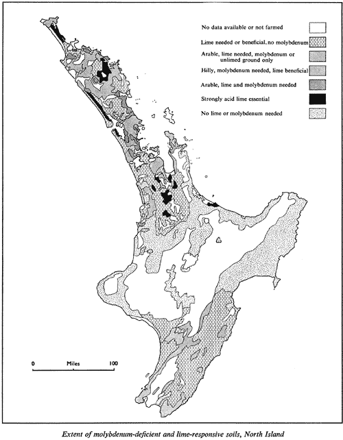 Molybdenum-deficient and lime-responsive areas in the North Island