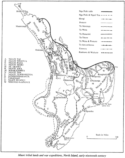 Maori tribal lands and war expeditions, North Island, early nineteenth century