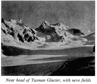 Near head of Tasman Glacier, with neve fields
