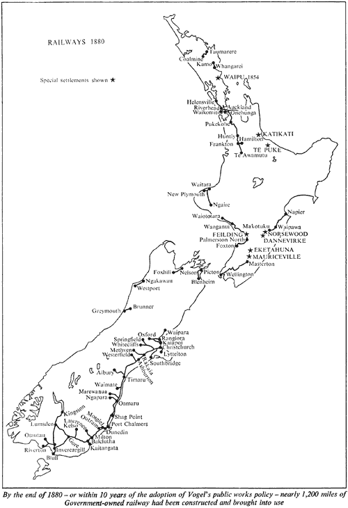 By the end of 1880 – or within 10 years of the adoption of Vogel's public works policy – nearly 1,200 miles of Government-owned railway had been constructed and brought into use