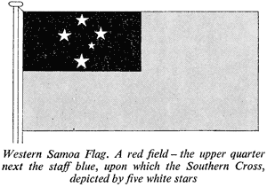 Western Samoa Flag. A red field — the upper quarter next the staff blue, upon which the Southern Cross, depicted by five white stars
