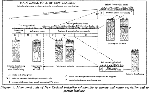 Diagram 3. Main zonal soils of New Zealand indicating relationship to climate and native vegetation and to present land use