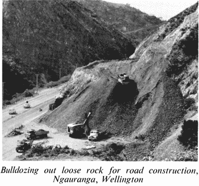 Bulldozing out loose rock for road construction, Ngauranga, Wellington